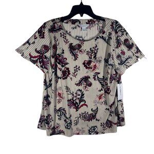 Liz Claiborne Floral Print Short Sleeve Blouse XL Beige/Red Polyester NEW
